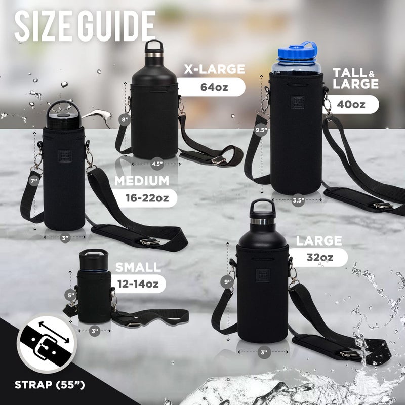Made Easy Kit Neoprene Water Bottle Carrier Holder with Adjustable Shoulder Strap for Insulating & Carrying Water Container Canteen Flask Available in 5 Sizes (Black, M (16oz-22oz)) - Image 3